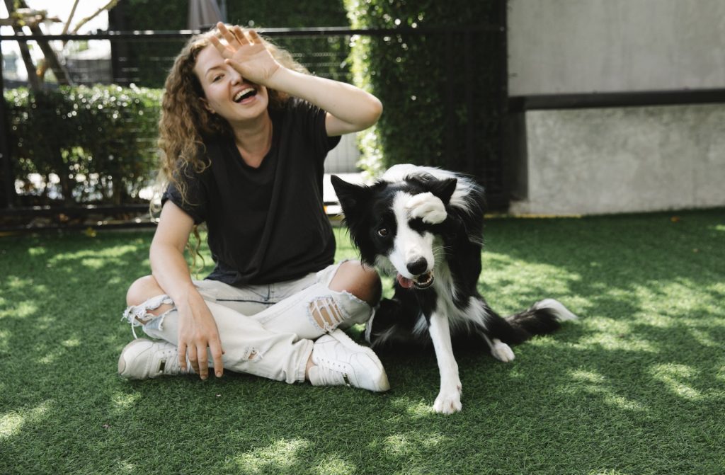 Matching Dog And Owner Shirts Sitting and laughing